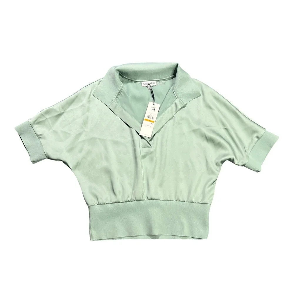 NWT Calvin Klein Womens Small Mint Green Satin Dolman Sleeve Cropped Polo Blouse